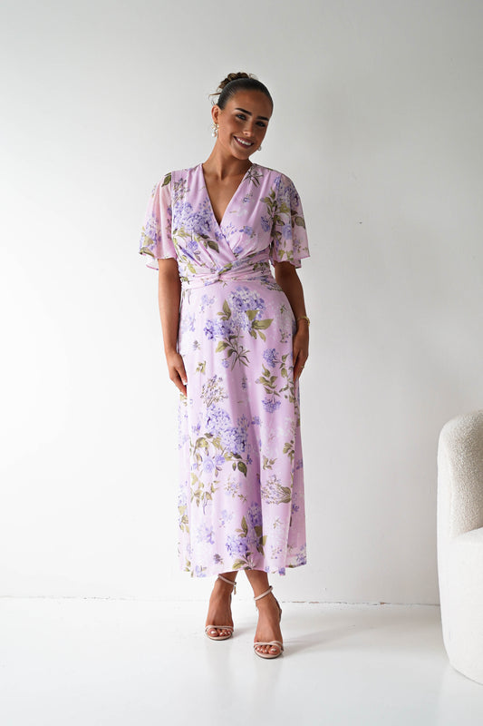 Daisy Wrap Neck Twist Detail Midi Dress | Lilac