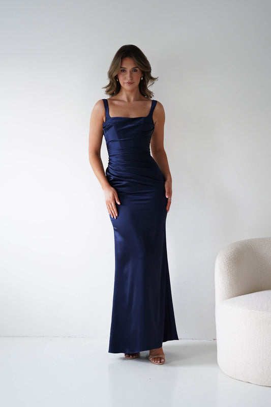 Addison Sqaure Neck Satin Maxi Dress | Navy