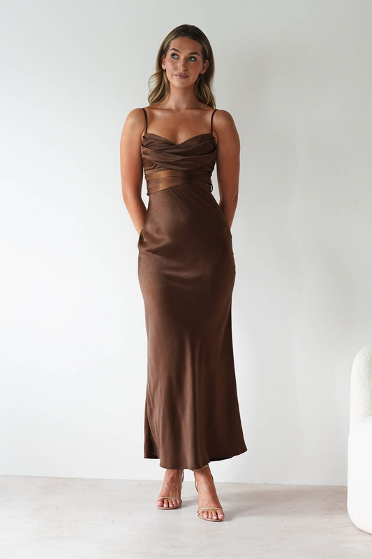 Everleigh Soft Satin Midaxi Dress | Brown