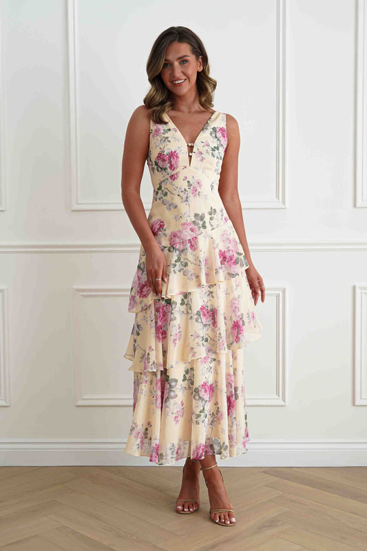 Flora Tiered Floral Print Maxi Dress | Yellow