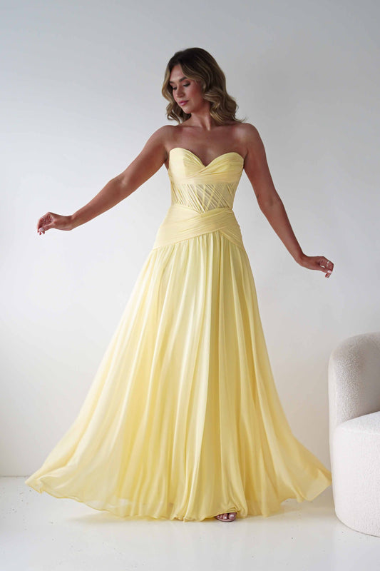 Nicolette Strapless Chiffon Maxi Gown | Yellow