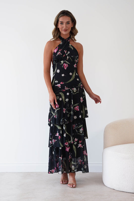 Seren Floral Print Halterneck Maxi Dress | Black