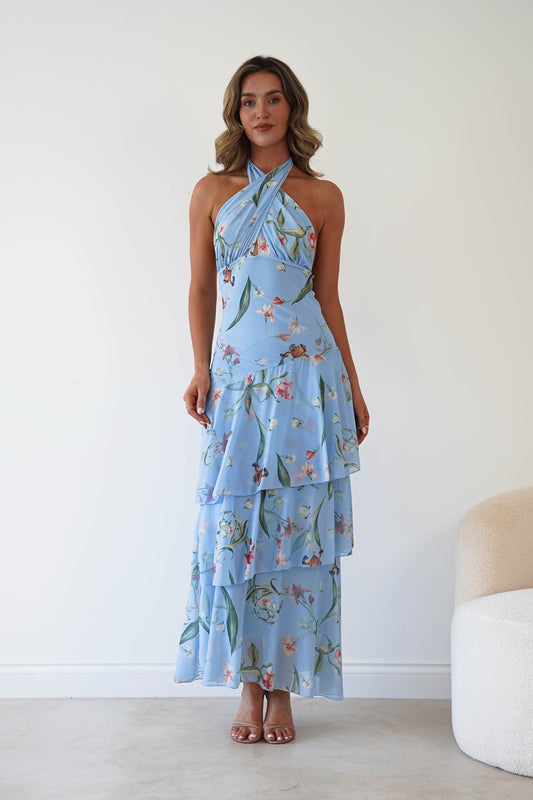Seren Floral Print Halterneck Maxi Dress | Blue