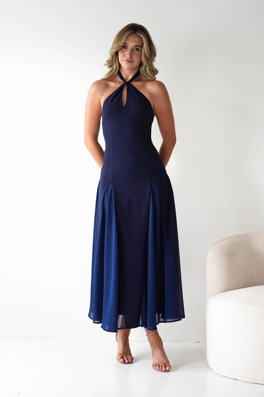 Silvana Halterneck Panel Maxi Dress | Navy