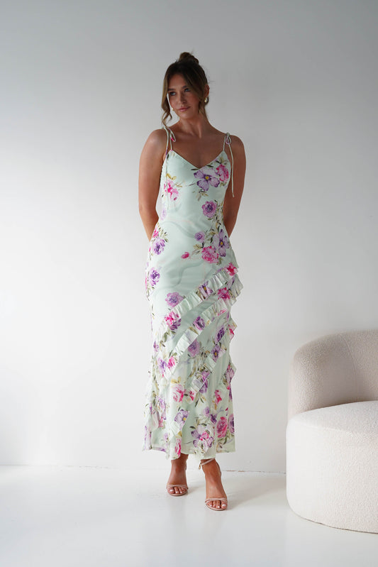 Athena Ruffle Floral Print Maxi | Mint Green