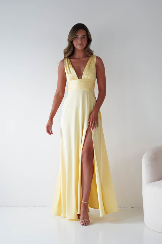 Saffron V-Neck Soft Satin Maxi Dress | Yellow