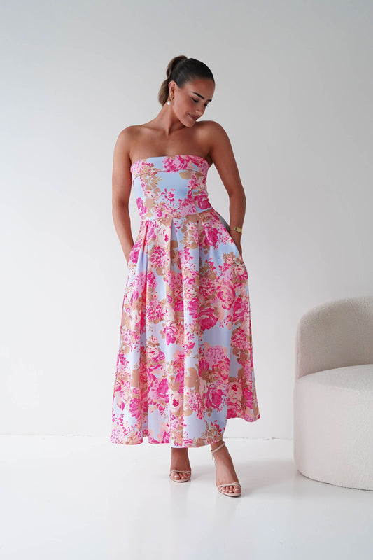 Danni Strapless Bandeau Midi Dress | Blue/Pink