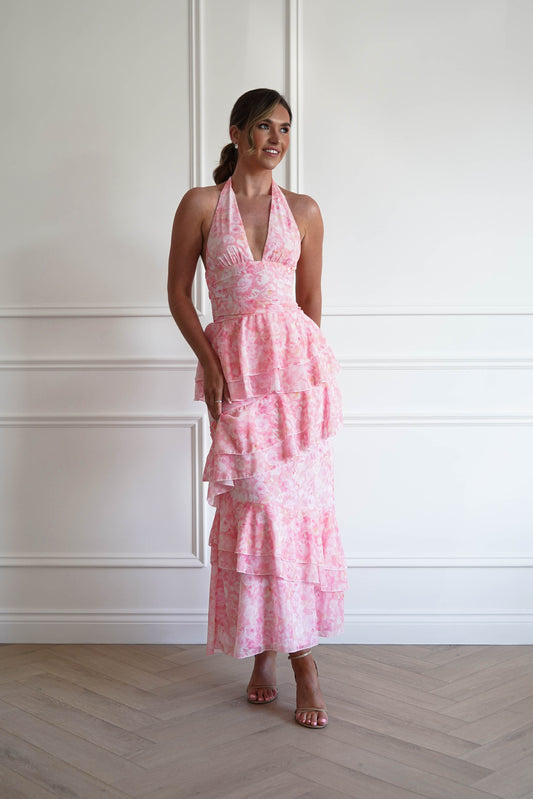Aryanna Tiered Halter Maxi Dress | Pink Print