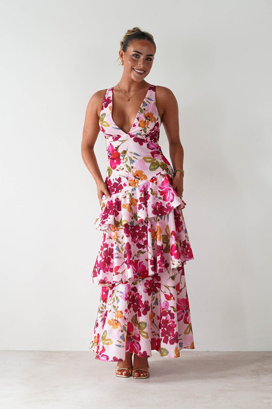 Katrina Floral Print Cotton Ruffle Maxi Dress | Pink