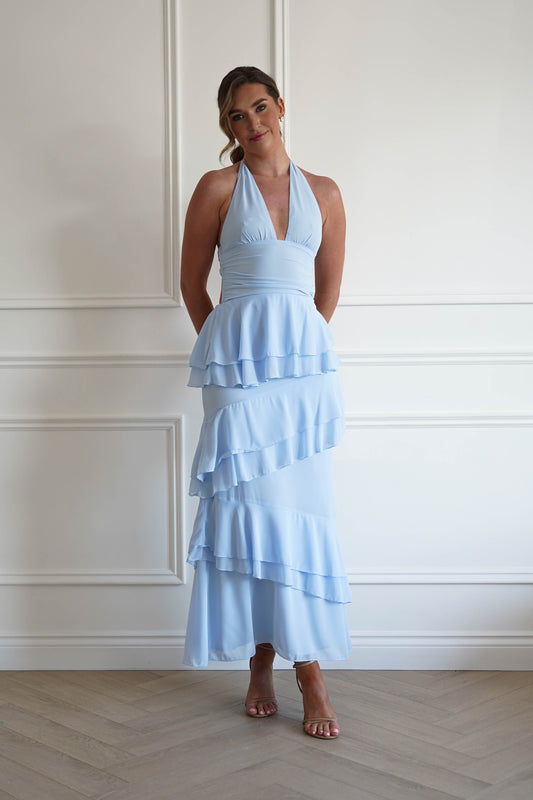 Caterina Tiered Halter Maxi Dress | Blue