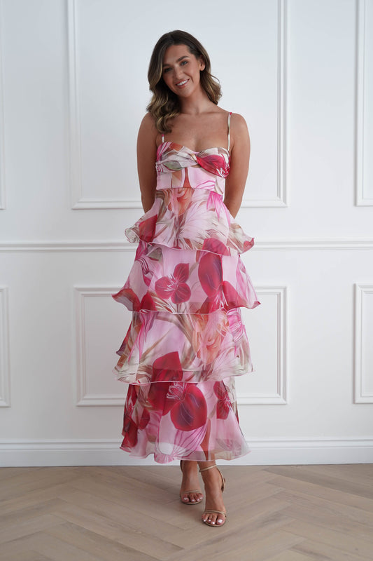 Nelly Floral Tiered Ruffle Maxi Dress | Pink Print