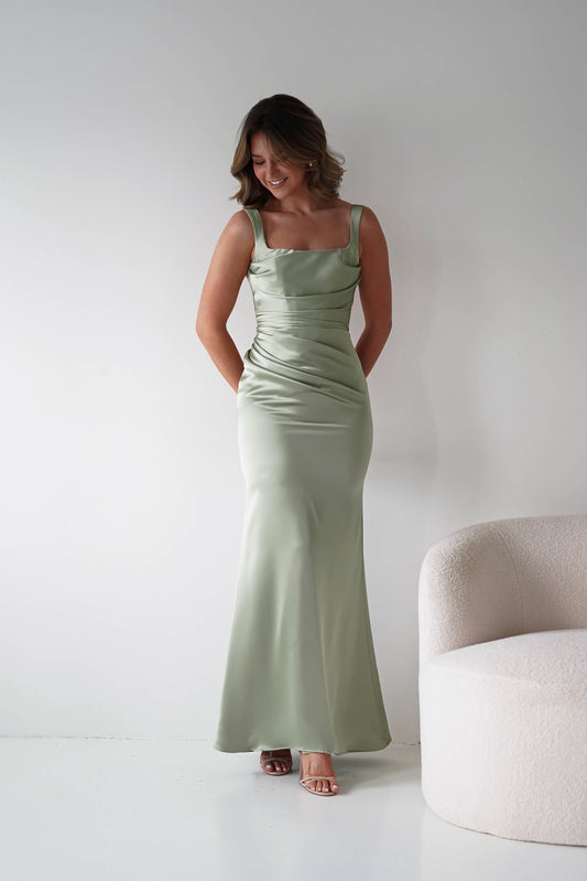 Addison Sqaure Neck Satin Maxi Dress | Sage