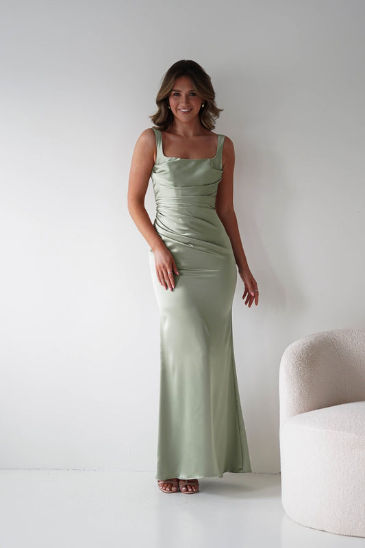 Addison Sqaure Neck Satin Maxi Dress | Sage