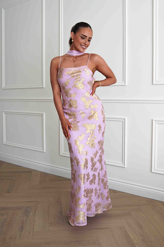 Auria Gold Textured Floral Applique Maxi Dress | Pink