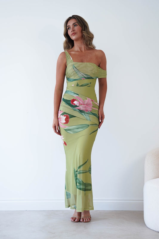 Cancun Floral Print Mesh Maxi Dress | Green
