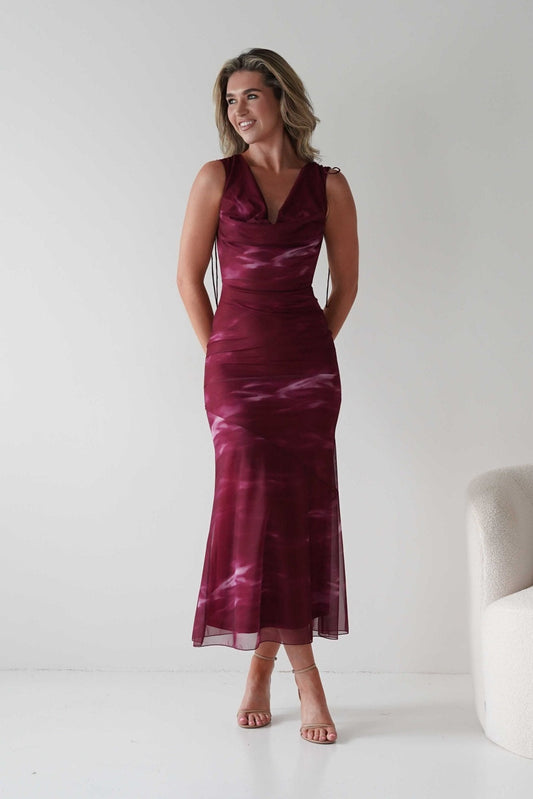 Drew Mesh Printed Maxi Dress | Wine Print
