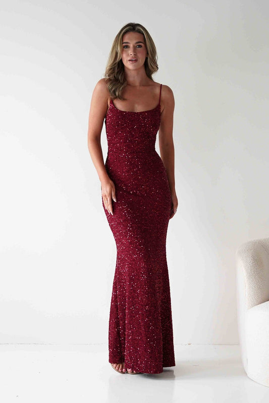 Maria Sequin Bodycon Maxi Gown | Dark Red