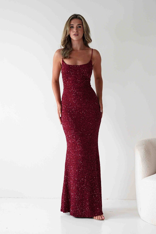 Maria Sequin Bodycon Maxi Gown | Dark Red