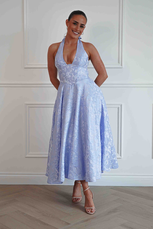 Mila Jacquard Plunge Midi Dress | Blue