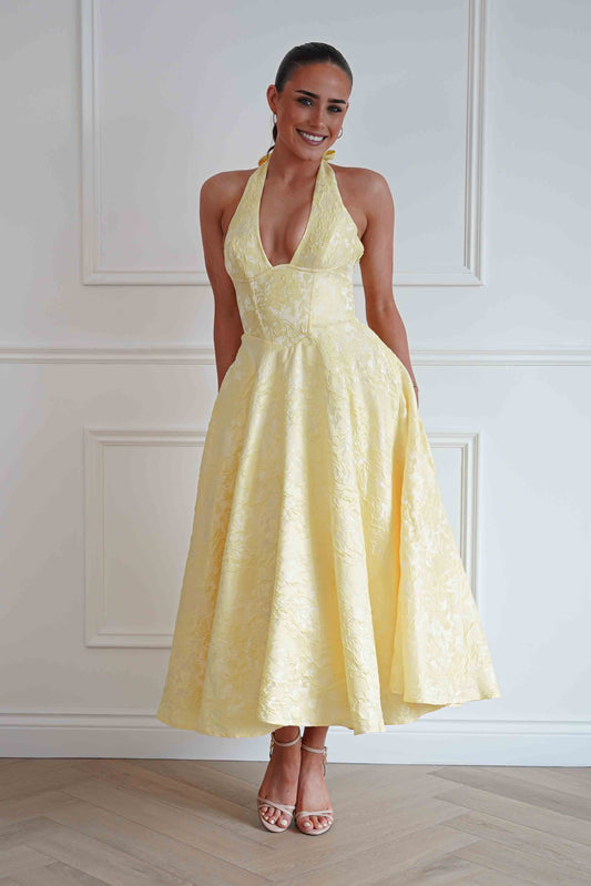 Mila Jacquard Plunge Midi Dress | Yellow
