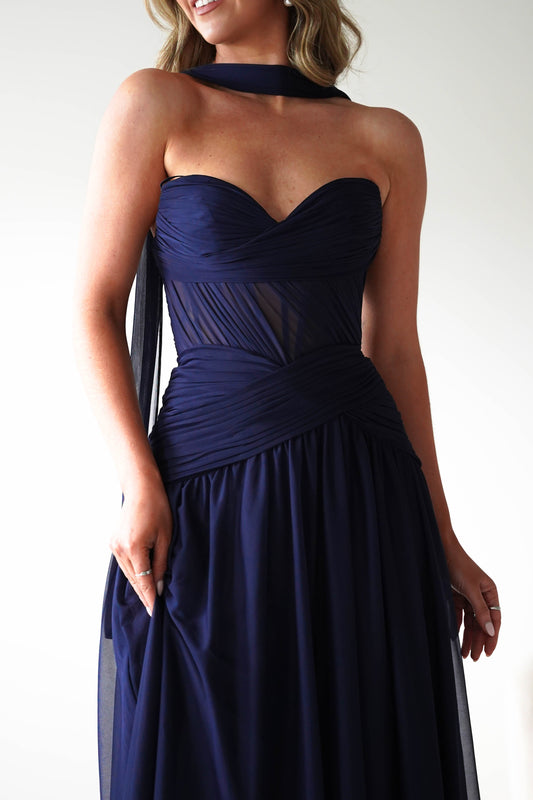 Nicolette Strapless Chiffon Maxi Gown | Navy