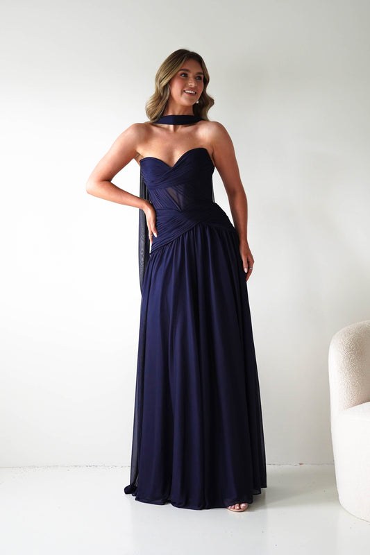 Nicolette Strapless Chiffon Maxi Gown | Navy