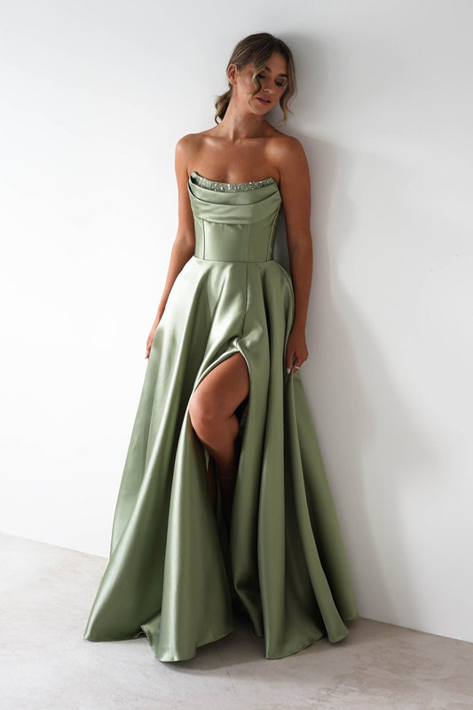 Pepper Strapless A-Line Maxi Gown | Sage