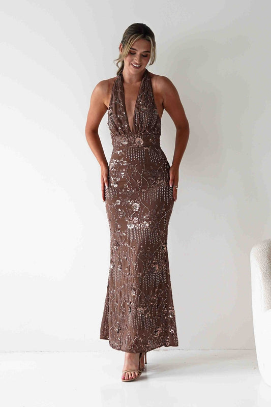 Sabrina Beaded Halterneck Maxi Dress | Brown