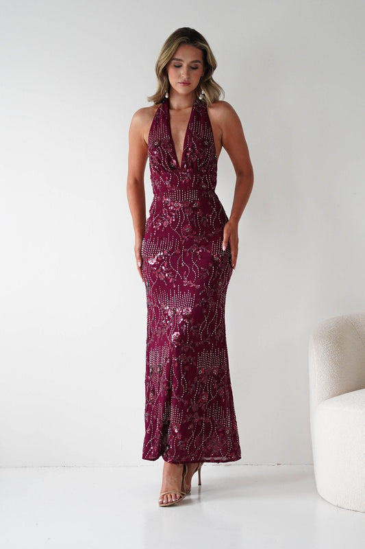 Sabrina Beaded Halterneck Maxi Dress | Wine